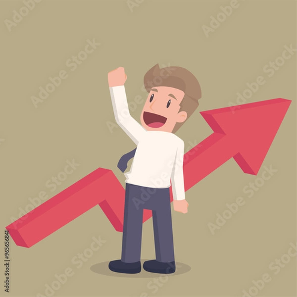 Fototapeta Business development and success concept. Young positive businessman standing pointing up with arrows feeling confident with growth and development illustration vector