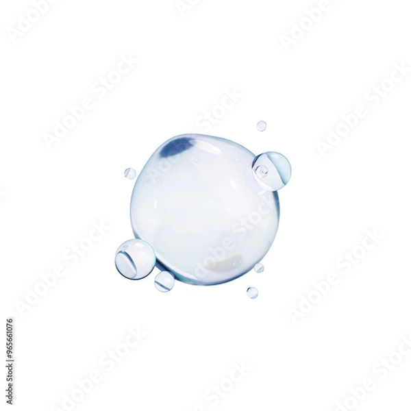 Fototapeta Transparent bubbles. 3D Soap bubble floating on transparent background. Soap transparent balloon. 3D Rendering. Render of transparent glass circle liquid object, soap water bubble with reflection. PNG