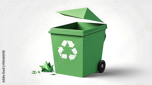 Fototapeta A green recycling bin in paper cut-out style, placed on a plain white background, symbolizing waste management and recycling. Origami style