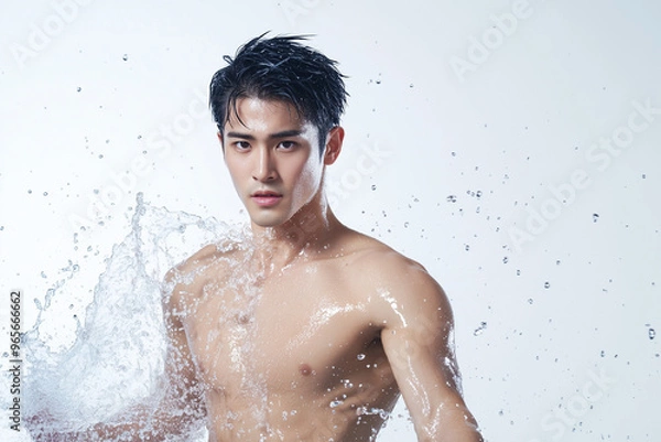 Fototapeta 水を浴びるアジア人男性、メンズビューティー