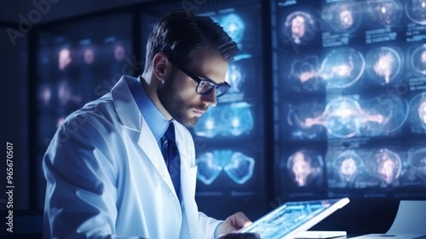 Obraz Medical scientist in glasses examining brain activity charts in research facility copy space organized workspace