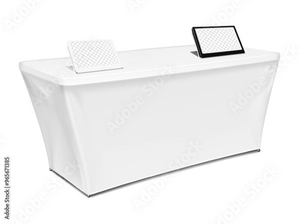 Fototapeta Exhibition set template. Tradeshow table with blank stretch cover for brand design, white and black tablet or e-paper display stands. 3d mockup. Trade show booth kit. Vector mock-up