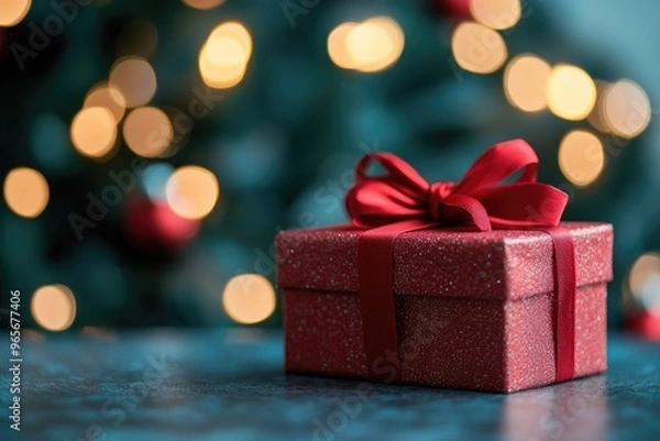 Fototapeta Close-up of a red Christmas present with a bow ribbon on a table, with a blurred Christmas tree and festive bokeh lights in the background, perfect for holiday celebration concepts