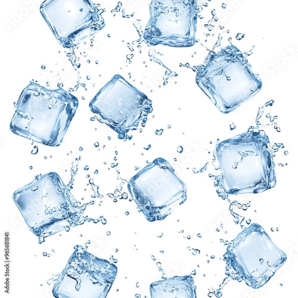 Obraz Splashing ice cubes scattered in mid-air, creating a dynamic motion effect. Isolated on white background.


