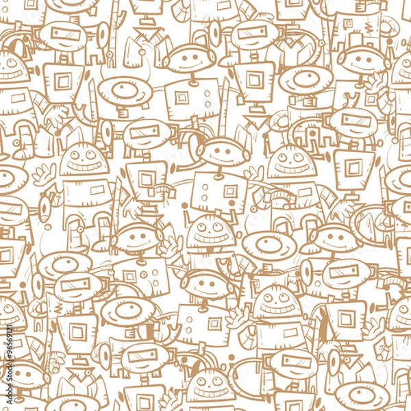 Fototapeta Vector seamless pattern with cartoon robots  on  white  background.