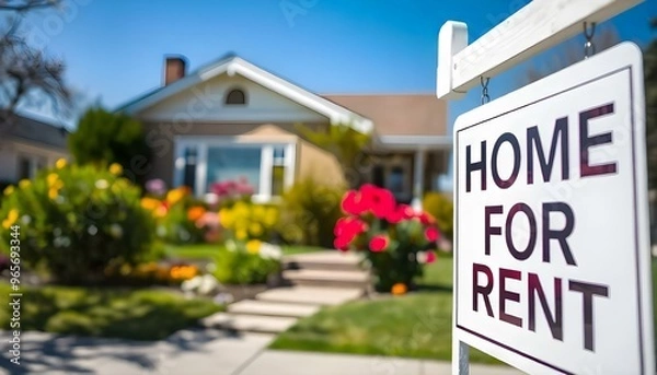 Fototapeta A home for rent sign with a blurred house behind it, real estate property house and home renting concept