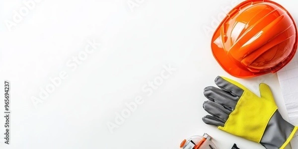 Fototapeta An assortment of construction safety gear including a hard hat, gloves, and tools on a clean, bright surface.