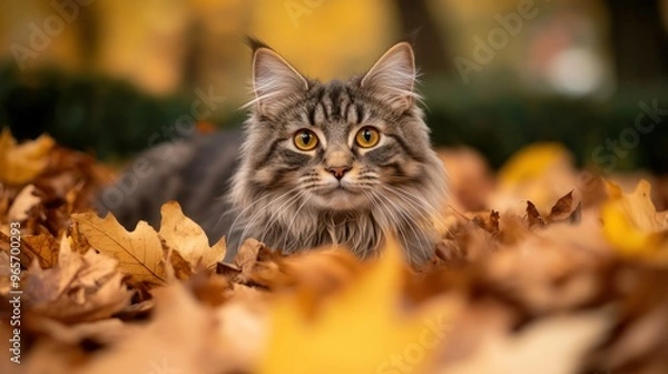 Fototapeta A cat resting among colorful autumn leaves, showcasing a serene outdoor scene.