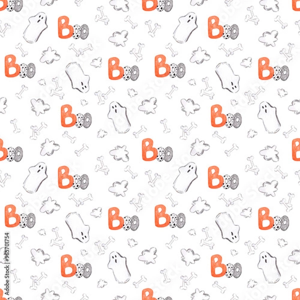 Fototapeta Hand drawn watercolor halloween ghosts and bones seamless pattern isolated on black background. Can be used for textile, fabric, scrapbook and other printed products.