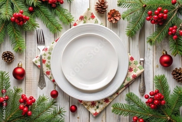 Fototapeta christmas table setting with christmas decorations