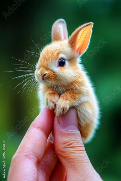 Fototapeta Mini micro cute baby rabbit sitting on the tip of someones fingers.