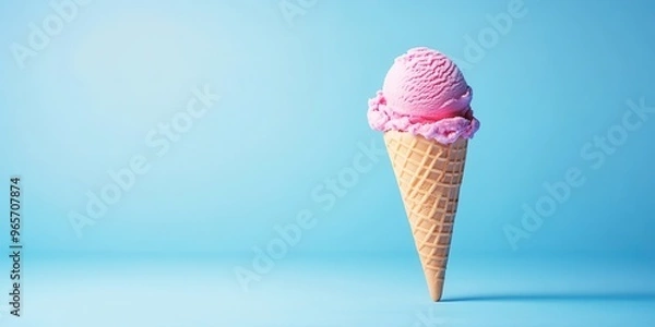 Fototapeta A delightful pink ice cream scoop atop a crispy cone, set against a soft blue background, perfect for summer treats.