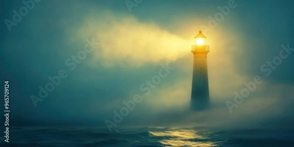 Obraz A serene lighthouse emerges from the fog, casting a warm glow over the tranquil sea, guiding lost souls home safely.