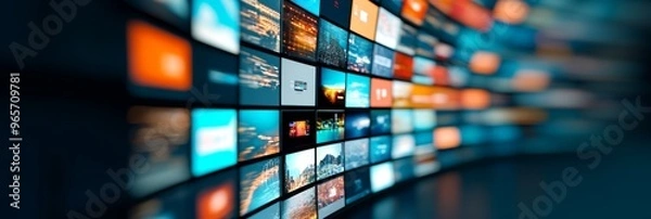 Fototapeta Curved Wall Of Screens Displaying Various Media Content