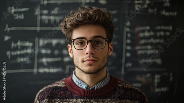 Fototapeta Young college student poses in a classroom in front of a blackboard filled with math equations