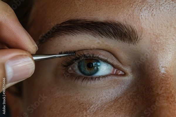 Fototapeta Extreme close-up of a woman's eye with blue iris while her eyelashes are being tweezed, showcasing beauty procedures and personal grooming techniques.