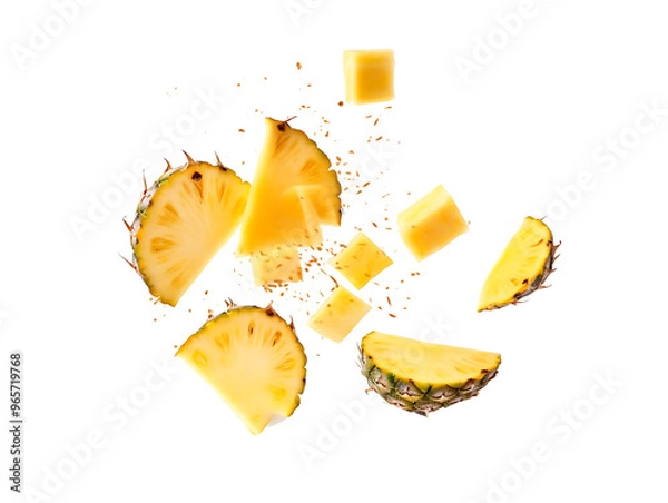 Obraz Falling Pineapple slices isolated on Transparent background, full depth of field, lipping path,pineapple in full depth of field, Falling candied fruit, Cut pineapple on transparent background, ring,Ai