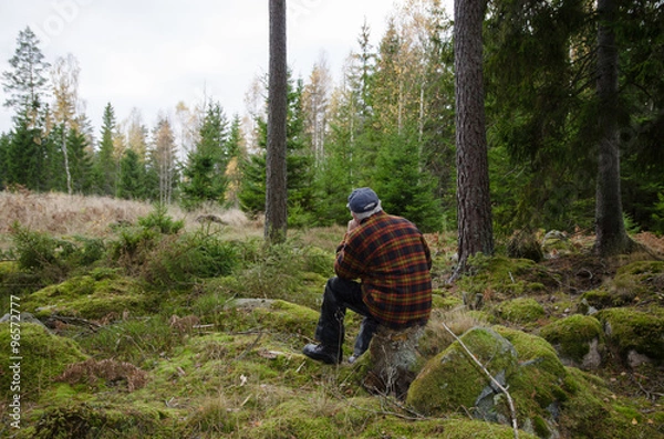 Fototapeta Man on a stump in the forest