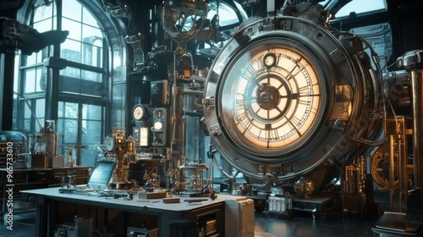 Fototapeta A time machine in a high-tech lab, with scientists preparing for a journey to the past.