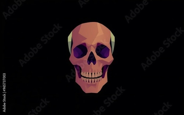 Fototapeta A low poly skull with purple eyes and orange skin on a black background, perfect for Halloween design. 
