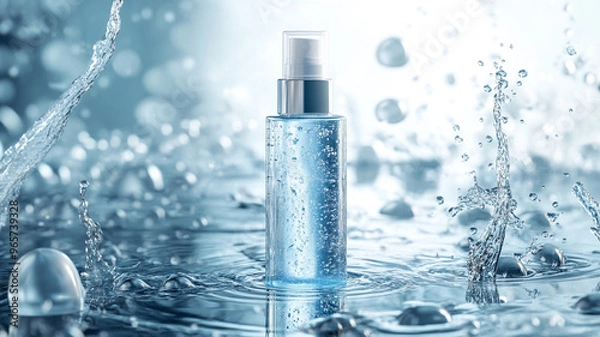 Fototapeta A bottle of cosmetic spray standing on water with splashes, a mockup for cosmetic product advertising