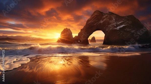 Obraz beach at sunset with a rock arch 