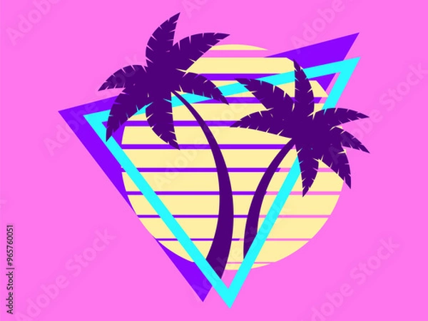 Fototapeta 80s retro sci-fi palm trees on a sunset. Retro futuristic sun with palm trees in a triangular frame. Synthwave style. Design for advertising brochures, banners and posters. Vector illustration