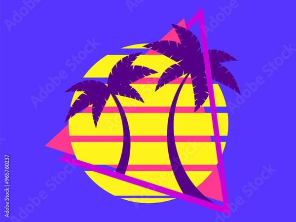 Fototapeta Palm trees at sunset retro sun in 80s style. Retro futuristic silhouettes of palm trees against the sun in a triangular frame. Synthwave style. Design for banners and posters. Vector illustration