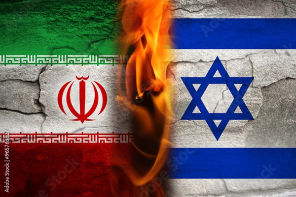 Obraz Conflict between Iran and Israel, featuring symbols of war such as flames and fire. Iran Israel war. Stone background
