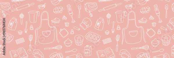 Fototapeta Seamless pattern of baking accessories. Kitchen utensils in doodle style. Vector. Vector illustration