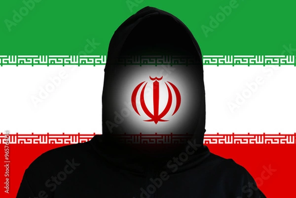 Obraz War, conflict between Iran and Israel, with a hooded, incognito militant figure at the center. The Iranian flag is subtly incorporated, symbolizing the tension and involvement in the conflict