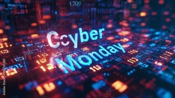 Fototapeta Cyber monday banner emerging from futuristic circuit board with glowing numbers