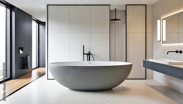 Fototapeta Elegant Minimalistic Modern Bathroom Design with Gray Color Bath ware |  Light Tiles, Floor-Mounted Faucet, and Floating Vanity | Contemporary Aesthetic with Natural Light and Neutral-Toned Finishes