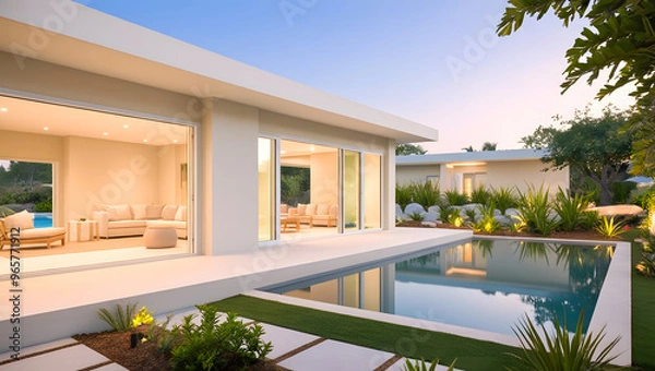 Fototapeta Evening Sight of Minimalistic Villa 3D with Cozy Elegance | Soothing Color Palette, Plunge Pool, Patio, Indoor Lighting Open Windows, Outdoor Lounge, and with Lush Natural Landscape