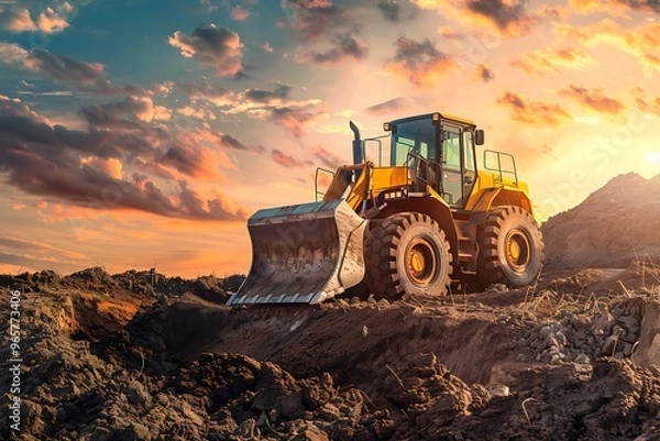Fototapeta Bulldozer during earthmoving works at construction site with sunset sky background