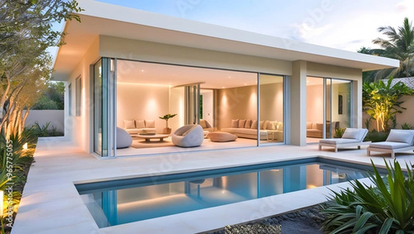 Fototapeta Minimalistic Modern Villa Perspective in evening Sight with Cozy Elegance | Natural Background, Soothing Color Palette,  Pool, Lightings , Large Windows, Outdoor Lounge, Plants, with Lush Landscape