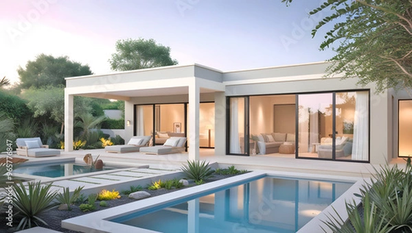 Fototapeta Minimalistic Modern Villa Perspective with Cozy Elegance | Natural Background, Soothing Color Palette, Plunge Pool, Patio, Large Windows, Outdoor Lounge, Plants, and Seamless Blend with Lush Landscape