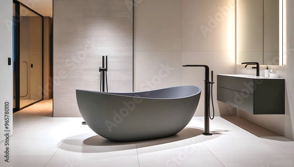 Fototapeta Modern Bathroom Design with Gray Color Bathware| Minimalist Elegance, Light Tiles, Floor-Mounted Faucet, and Floating Vanity | Contemporary Aesthetic with Natural Light and Neutral-Toned Finishes