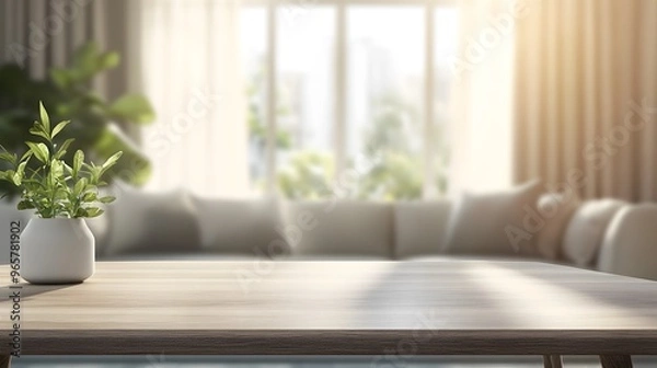 Fototapeta A wooden table with a white vase of green plants in the foreground, blurred living room with curtains and a window in the background.