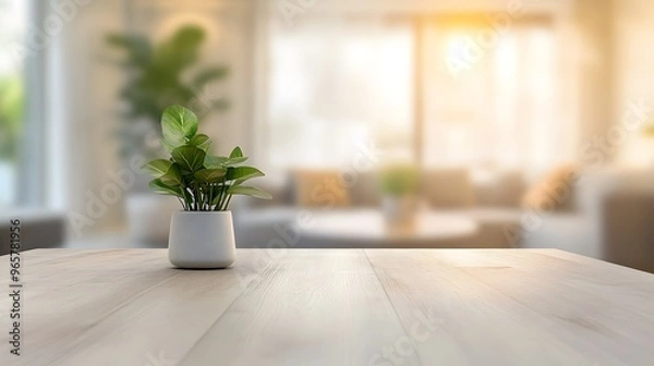Fototapeta Empty wooden table with plant in a pot in a modern living room.