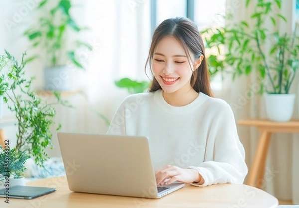 Obraz Asian woman using laptop computer.