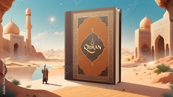 Fototapeta Ancient looked book, with the name Quran, fantasy background with dessert, people looking at book
