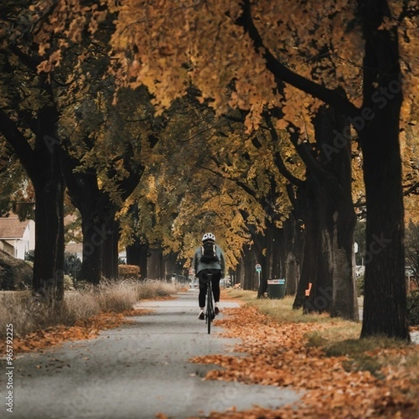 Obraz Solitary Bicyclist Riding Along a Tree-Lined Pathway in Autumn