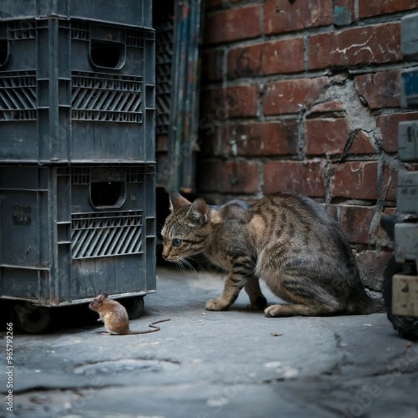 Obraz Stray Cat Watching a Mouse Intently Near a Stack of Crates