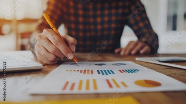 Fototapeta A person analyzing charts and graphs on paper, using a pencil, showcasing a focused work environment for data analysis.