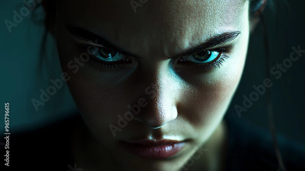 Fototapeta Close-up shot of piercing green eyes, capturing intense focus and emotion. The image highlights facial texture and expression.

