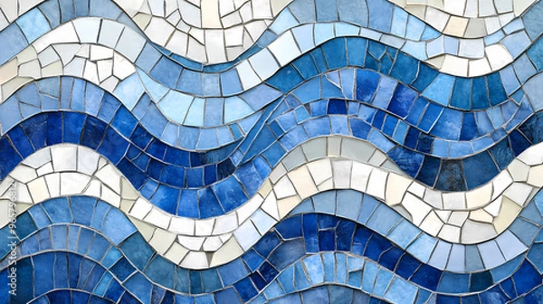 Fototapeta Mosaic of blue and white tiles with a pattern of waves. Mosaic. Illustration