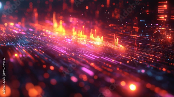 Fototapeta A colorful, abstract image of a cityscape with bright lights and patterns