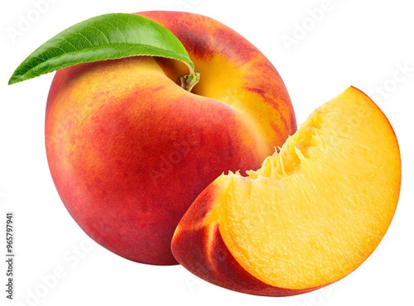 Fototapeta Peach isolated png. Peach with a slice on transparent background. PNG format. Peaches with leaf no background. Full depth of field.