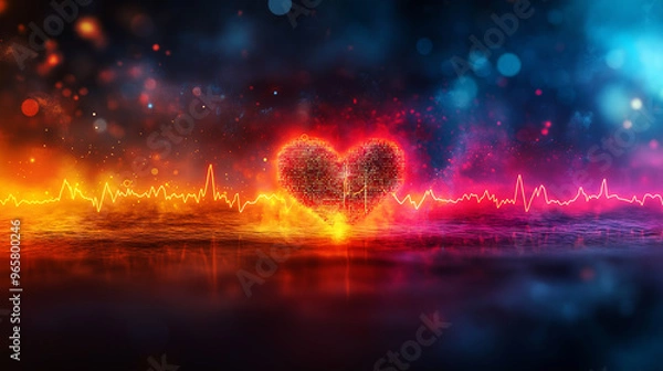 Fototapeta A heart is lit up in a dark background with a red and orange glow